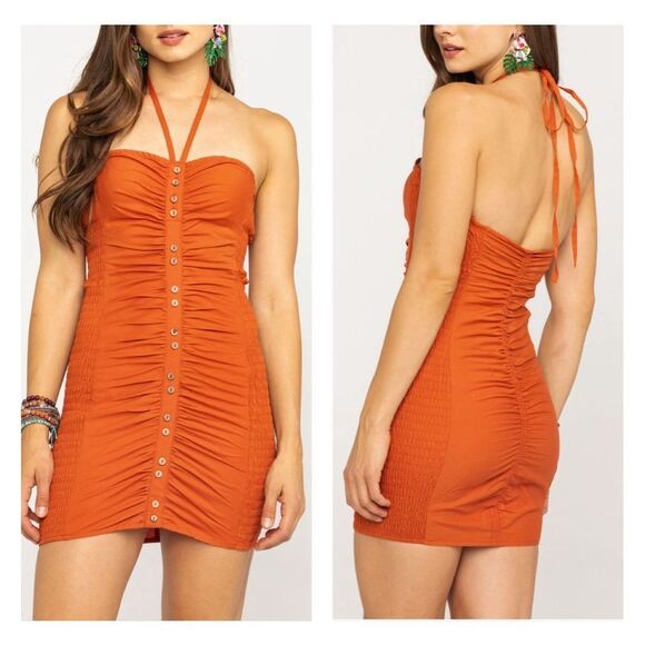 FREE PEOPLE WOMEN'S HOLD ON burnt orange smocked MINI DRESS size xs - Picture 1 of 12